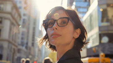 Une femme élégante arbore des lunettes carrées tendance en marchant avec assurance dans un décor urbain moderne.