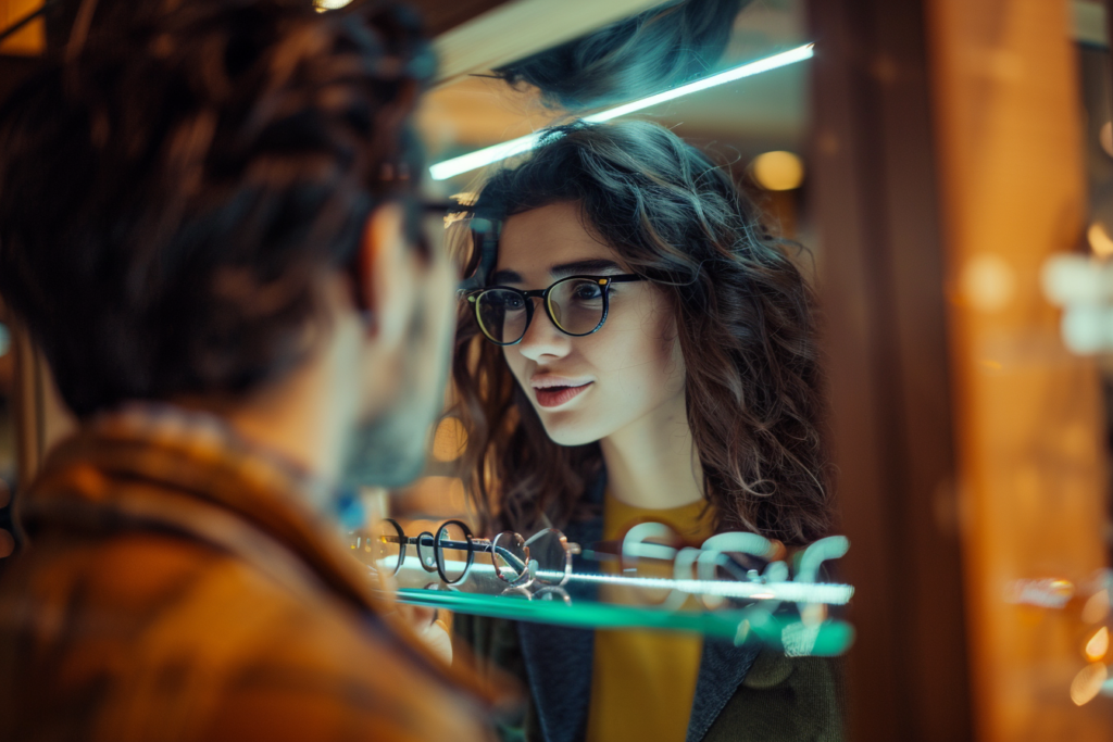 Une femme essaie une paire de lunettes dans une boutique élégante, conseillée par un opticien.