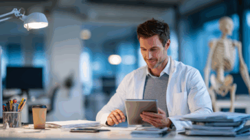 Kinésithérapeute travaillant sur la gestion de son budget dans un bureau équipé d’un ordinateur, d’une tablette et de documents comptables.