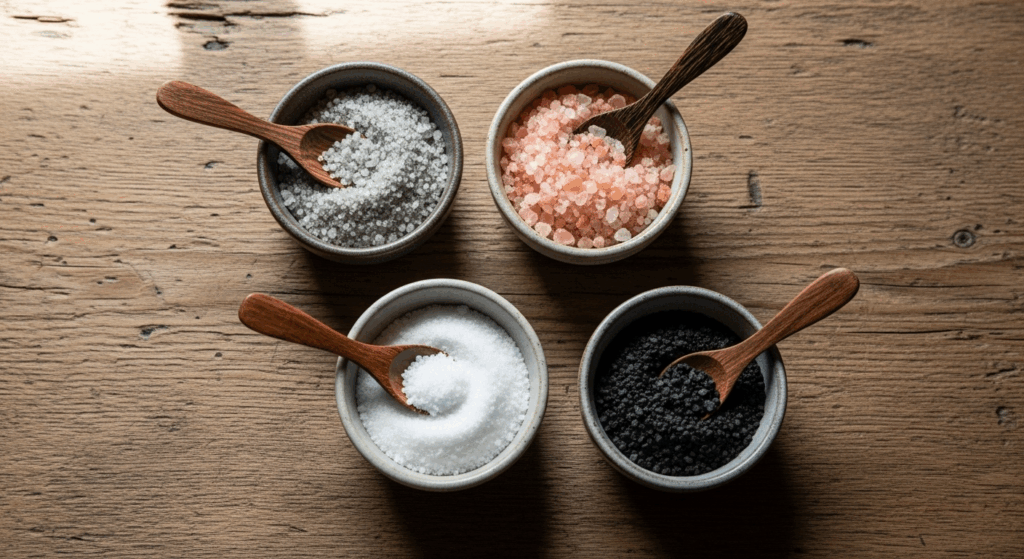 Chaque récipient contient un type de sel différent du gros sel de mer gris, du sel rose de l'Himalaya, de la fleur de sel fine et blanche, et du sel noir volcanique