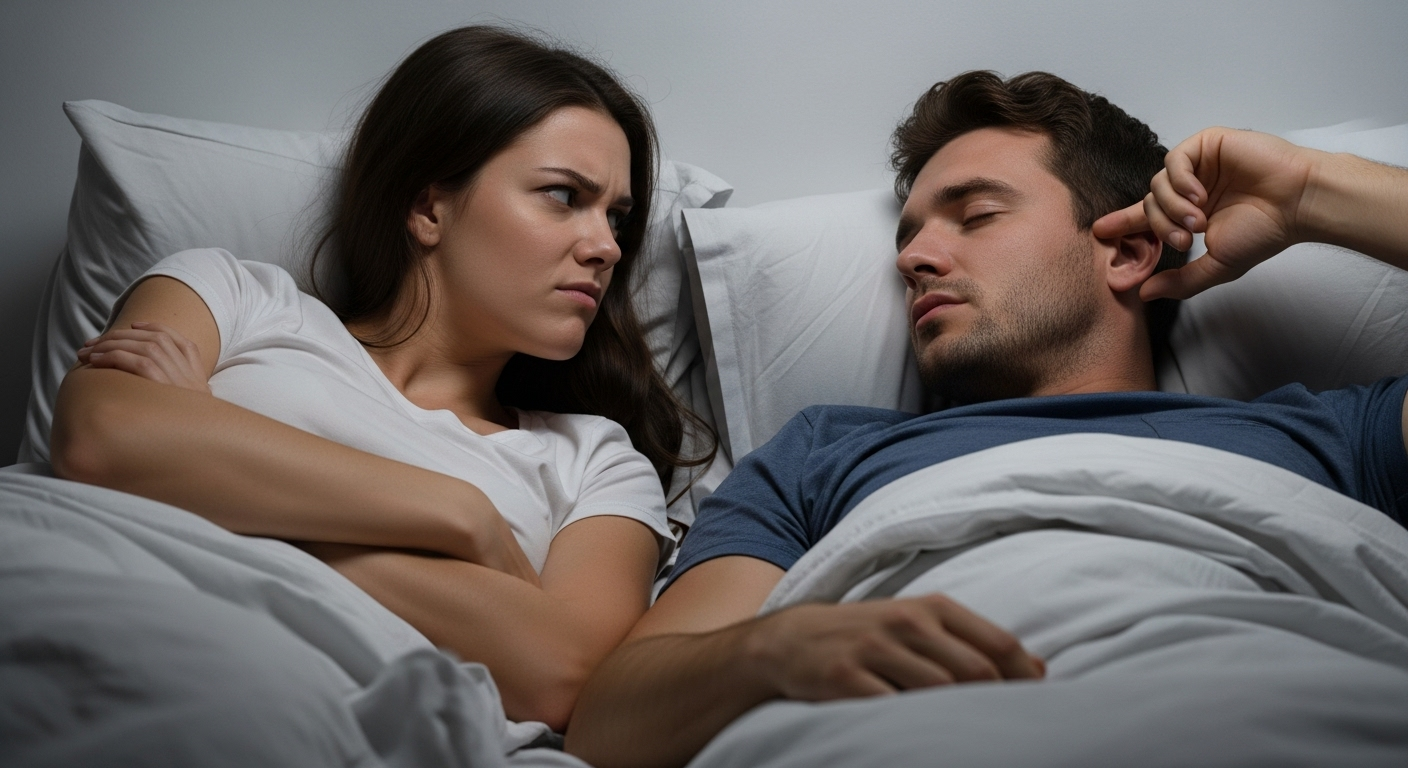Un couple au lit, la femme a les bras croisés et une expression sceptique en regardant l'homme