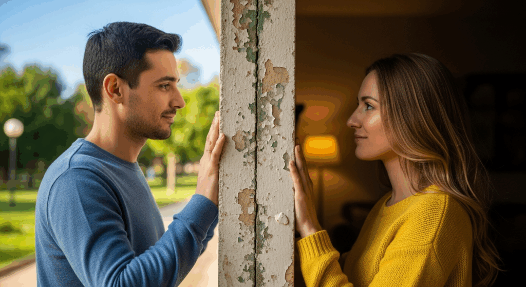 Un couple, homme et femme, chacun d'un côté d'un mur fin, se regardent avec espoir et tendresse.429Z