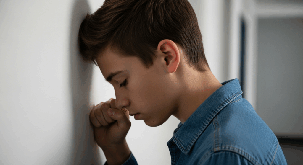 Un jeune homme adolescent, de profil, la tête penchée contre un mur blanc. Ses yeux sont fermés ou baissés, et son poing droit est serré et appuyé contre le mur