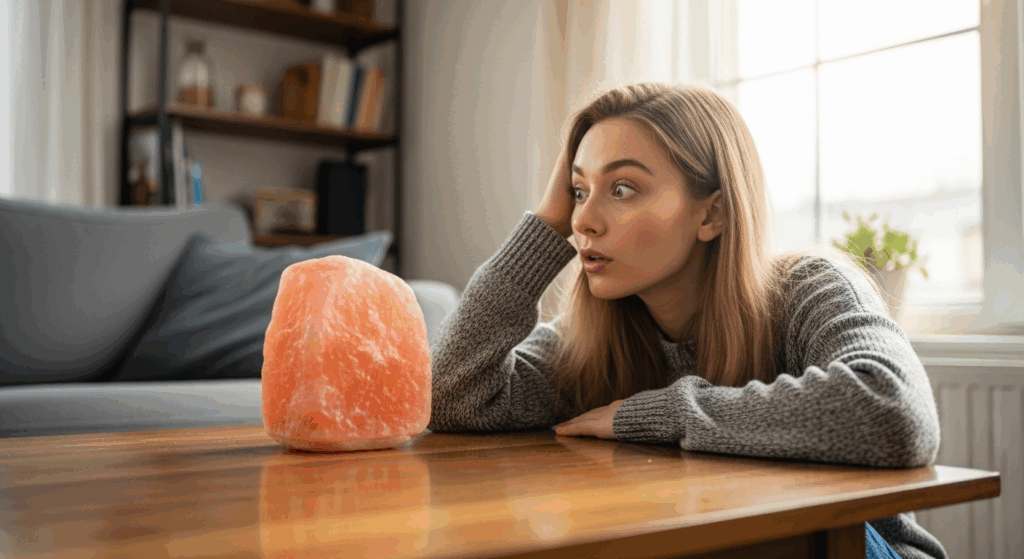 Une jeune femme assise à une table basse à côté d'un grand bloc de sel de l'Himalaya rose
